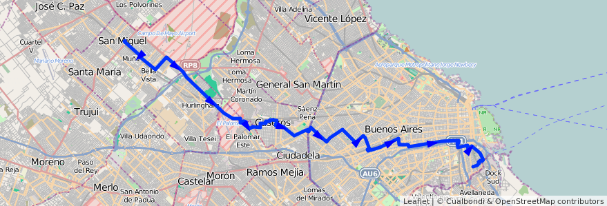 Mapa del recorrido Boca-San Miguel de la línea 53 en Argentina.