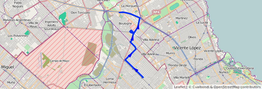 Mapa del recorrido Boulogne-V.Ballester de la línea 314 en Provincia di Buenos Aires.