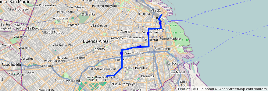 Mapa del recorrido B.Rivadavia-Retiro de la línea 23 en Ciudad Autónoma de Buenos Aires.