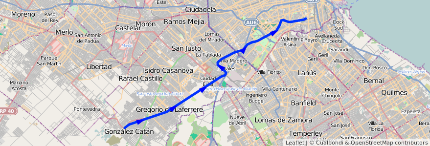 Mapa del recorrido  Buenos Aires-Gonzalez Catán de la línea Ferrocarril General Belgrano en Arjantin.