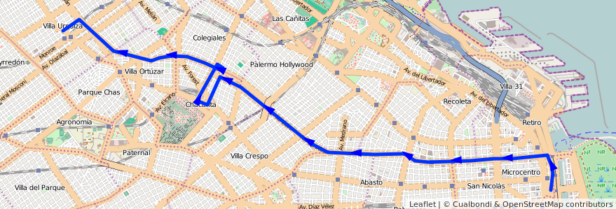 Mapa del recorrido C Correo-Est.Urquiza de la línea 140 en Ciudad Autónoma de Buenos Aires.