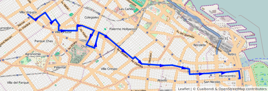 Mapa del recorrido C Correo-Est.Urquiza de la línea 140 en Ciudad Autónoma de Buenos Aires.