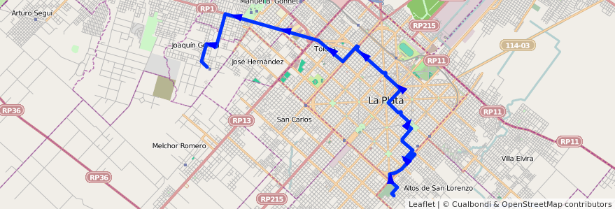 Mapa del recorrido C de la línea 273 en Partido de La Plata.