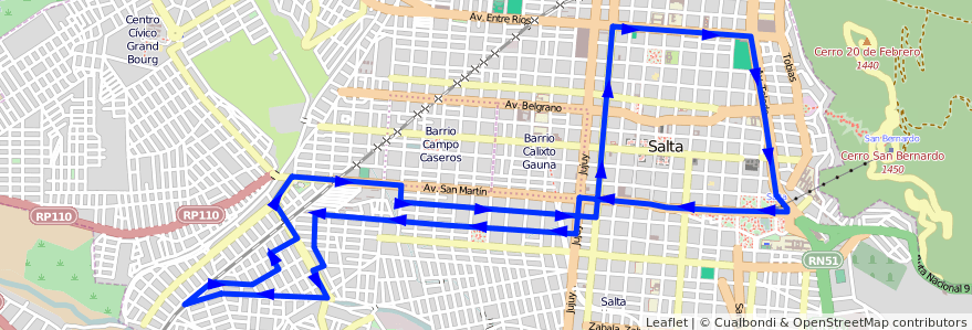 Mapa del recorrido C de la línea Corredor 5 en Salta.