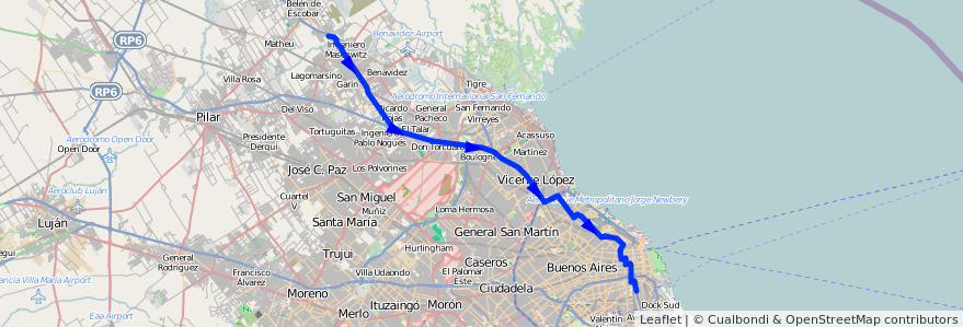 Mapa del recorrido C-E x Panamericana de la línea 60 en Argentina.