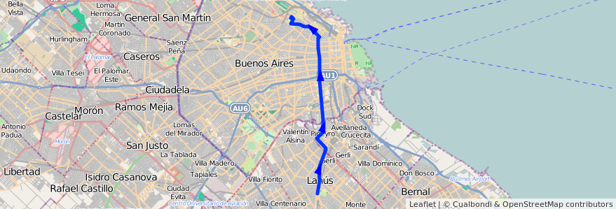 Mapa del recorrido C Palermo-Lanus de la línea 37 en Argentina.