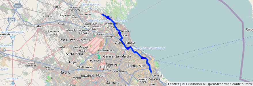 Mapa del recorrido C-T x Fleming de la línea 60 en Argentina.