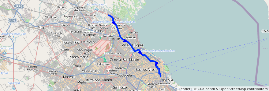 Mapa del recorrido C-T x Panamericana 1 de la línea 60 en Argentina.