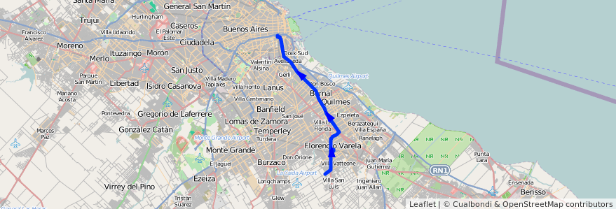 Mapa del recorrido C1 Constitucion-Varel de la línea 148 en Provincia di Buenos Aires.