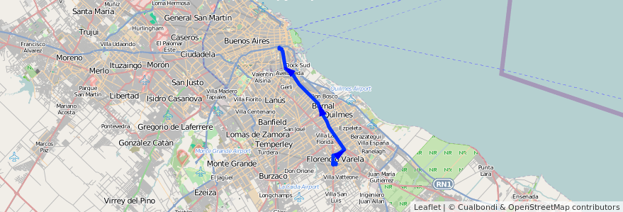 Mapa del recorrido C2 Constitucion-Varel de la línea 148 en Buenos Aires.