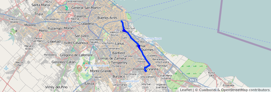 Mapa del recorrido C2 Constitucion-Varel de la línea 148 en Province de Buenos Aires.