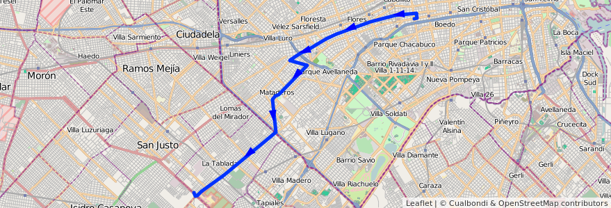 Mapa del recorrido Caballito-La Tablada de la línea 126 en Argentina.