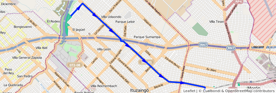 Mapa del recorrido Castelar-Sta.Cecilia de la línea 395 en Partido de Ituzaingó.