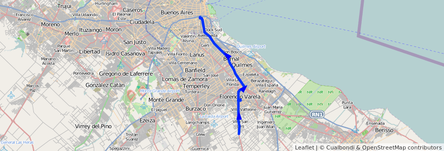 Mapa del recorrido CC Constitucion-Varel de la línea 148 en Province de Buenos Aires.