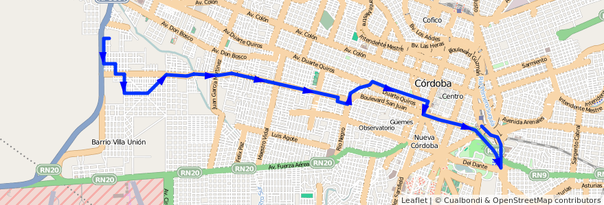 Mapa del recorrido Central de la línea V (Verde) en Córdoba.