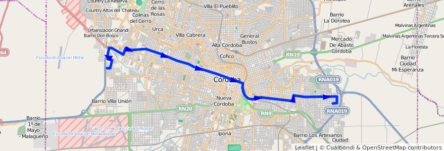 Mapa del recorrido Central de la línea E (Celeste) en Córdoba.