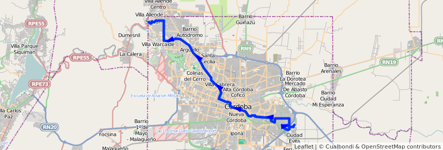 Mapa del recorrido Central de la línea T (Transversal) en Córdoba.