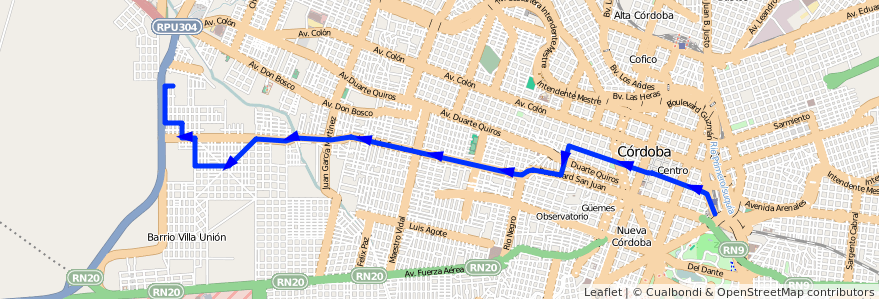 Mapa del recorrido Central de la línea V (Verde) en Córdoba.