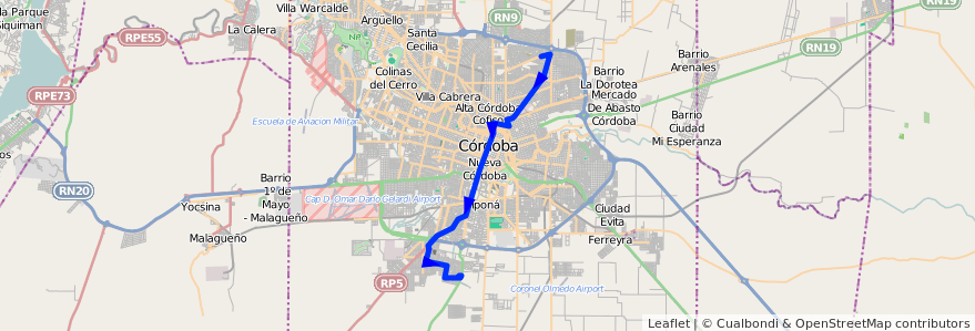 Mapa del recorrido Central de la línea R (Rojo) en Córdoba.