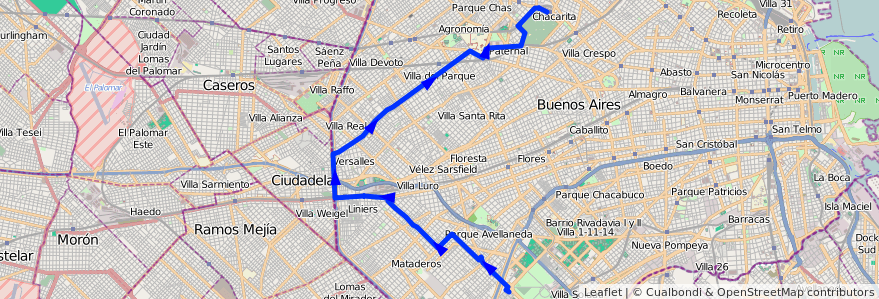 Mapa del recorrido x Nogoyá de la línea 47 en Ciudad Autónoma de Buenos Aires.