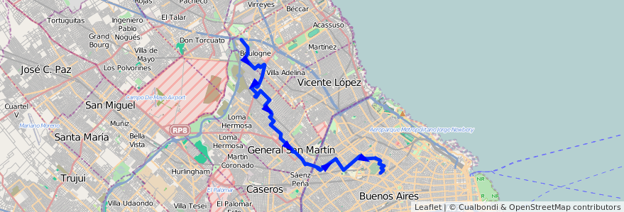 Mapa del recorrido Chacarita-Bº S.Isidro de la línea 87 en Arjantin.