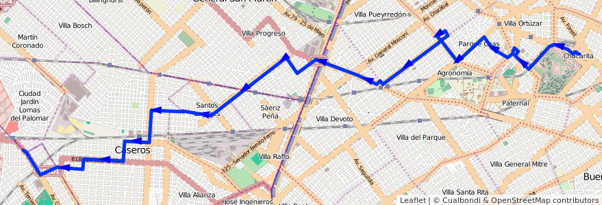 Mapa del recorrido Chacarita-El Palomar de la línea 123 en Аргентина.