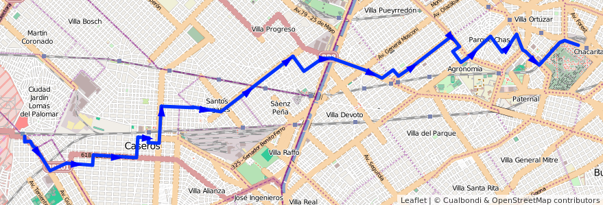 Mapa del recorrido Chacarita-El Palomar de la línea 123 en 아르헨티나.