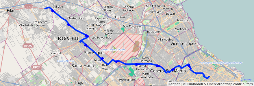 Mapa del recorrido Chacarita-Pilar de la línea 176 en Buenos Aires.