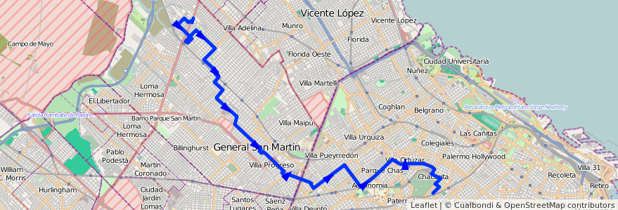Mapa del recorrido Chacarita-San Martin de la línea 87 en Argentina.