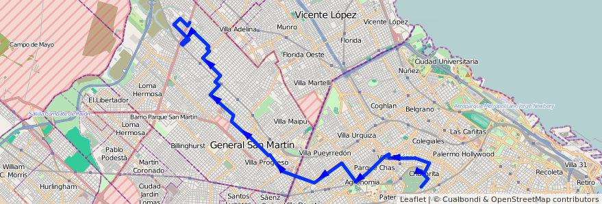 Mapa del recorrido Chacarita-San Martin de la línea 87 en Argentina.