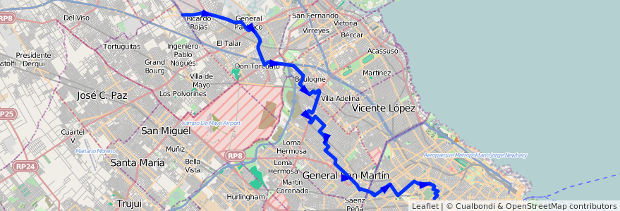 Mapa del recorrido Chacarita-Tigre de la línea 87 en Argentine.