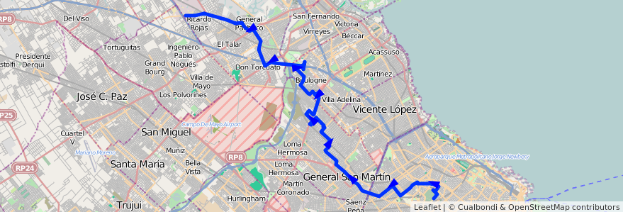 Mapa del recorrido Chacarita-Tigre de la línea 87 en Arjantin.