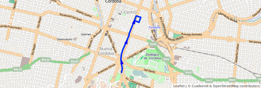 Mapa del recorrido Ciudad Universitaria de la línea V (Verde) en Municipio de Córdoba.