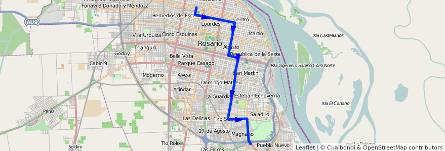 Mapa del recorrido  Común de la línea M en Rosário.