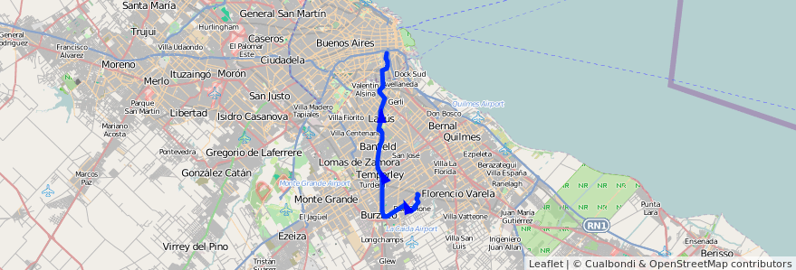 Mapa del recorrido Const.-Claypole de la línea 79 en Provincia di Buenos Aires.