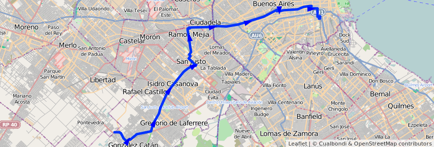 Mapa del recorrido Const.-Pontevedra de la línea 96 en Argentina.