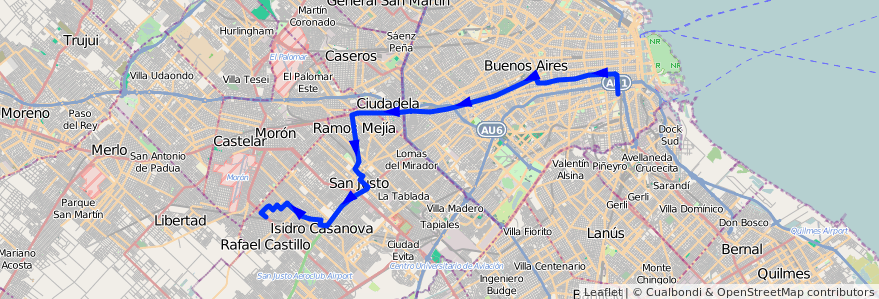 Mapa del recorrido Const.-R.Castillo de la línea 96 en Argentina.