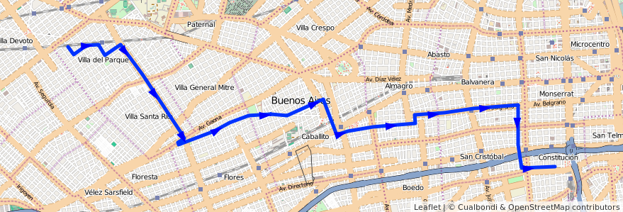 Mapa del recorrido Const.-V.Del Parque de la línea 84 en Ciudad Autónoma de Buenos Aires.