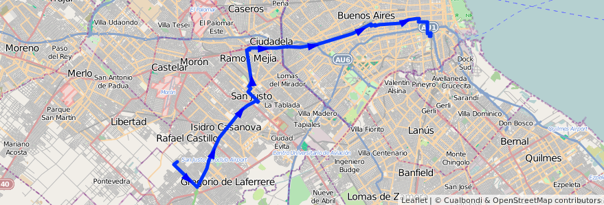 Mapa del recorrido Const.-V.Scasso de la línea 96 en Argentina.