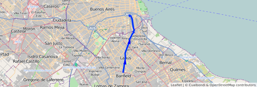 Mapa del recorrido Constitucion-Burzaco de la línea 51 en Argentina.