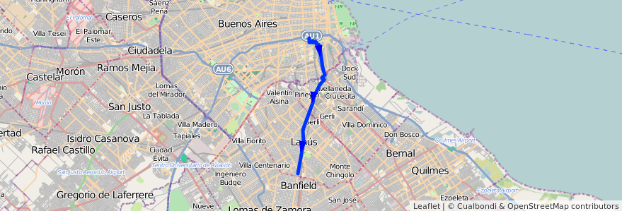 Mapa del recorrido Constitucion-Burzaco de la línea 51 en Argentina.