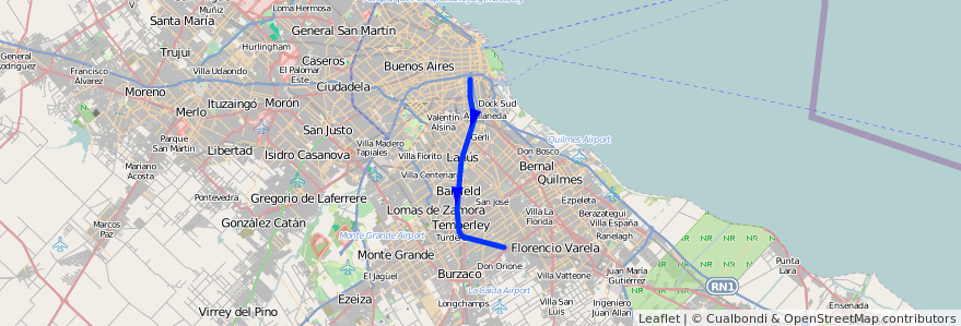 Mapa del recorrido Constitucion-Claypole de la línea Ferrocarril General Roca en Buenos Aires.