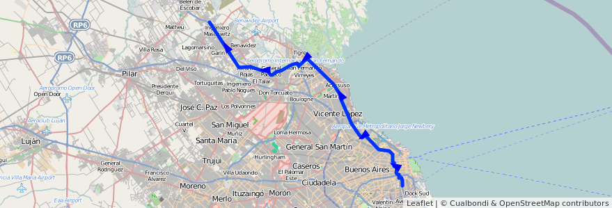 Mapa del recorrido Constitucion-Escobar de la línea 60 en Argentina.