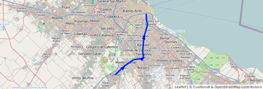 Mapa del recorrido Constitucion-Ezeiza de la línea Ferrocarril General Roca en Buenos Aires.