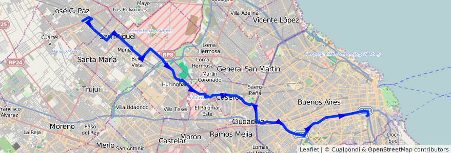 Mapa del recorrido Constitucion-J.C.Paz de la línea 53 en Argentina.