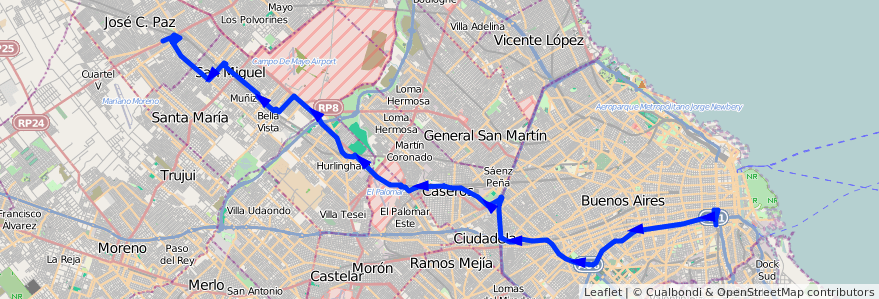 Mapa del recorrido Constitucion-J.C.Paz de la línea 53 en Argentina.