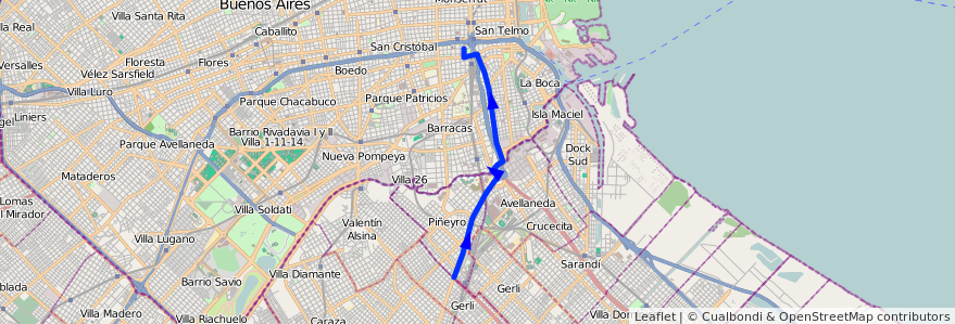 Mapa del recorrido Constitucion-Longchamp de la línea 51 en Buenos Aires.