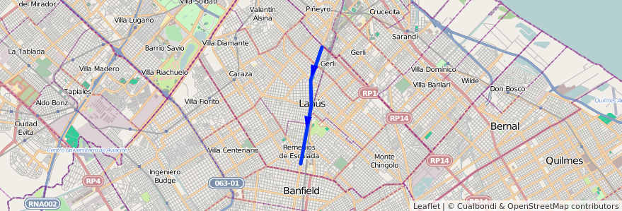 Mapa del recorrido Constitucion-Longchmap de la línea 51 en Partido de Lanús.