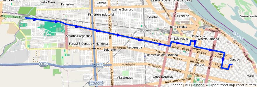 Mapa del recorrido  Córdoba de la línea Las Rosas en Rosário.