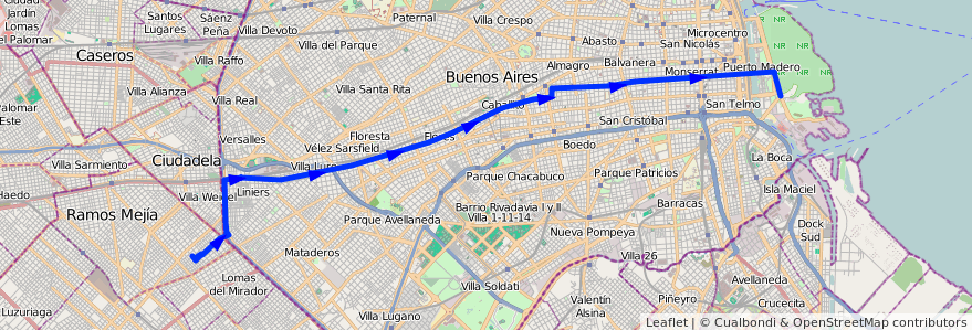 Mapa del recorrido Costanera-La Matanza de la línea 2 en Ciudad Autónoma de Buenos Aires.